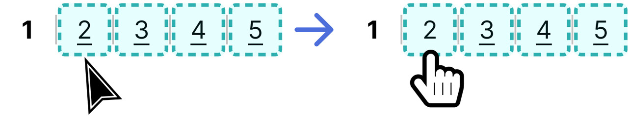 Comparaison de deux rangées de liens de pagination : à gauche, le curseur du pointeur est proche du lien, mais pas au-dessus ; à droite, le curseur est au-dessus du lien, montrant un pointeur en forme de main. Les zones sur lesquelles le curseur peut passer sont visibles.
