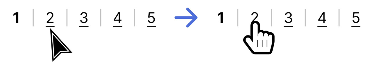 Comparaison de deux rangées de liens de pagination : à gauche, le curseur d'un pointeur est proche du lien, mais pas au-dessus ; à droite, le curseur est au-dessus du lien, montrant un pointeur en forme de main.