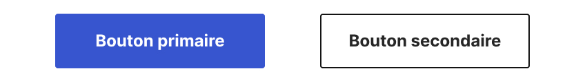 Deux boutons : l'un rempli de bleu, libellé bouton primaire, l'autre blanc avec un contour noir, libellé bouton secondaire.
