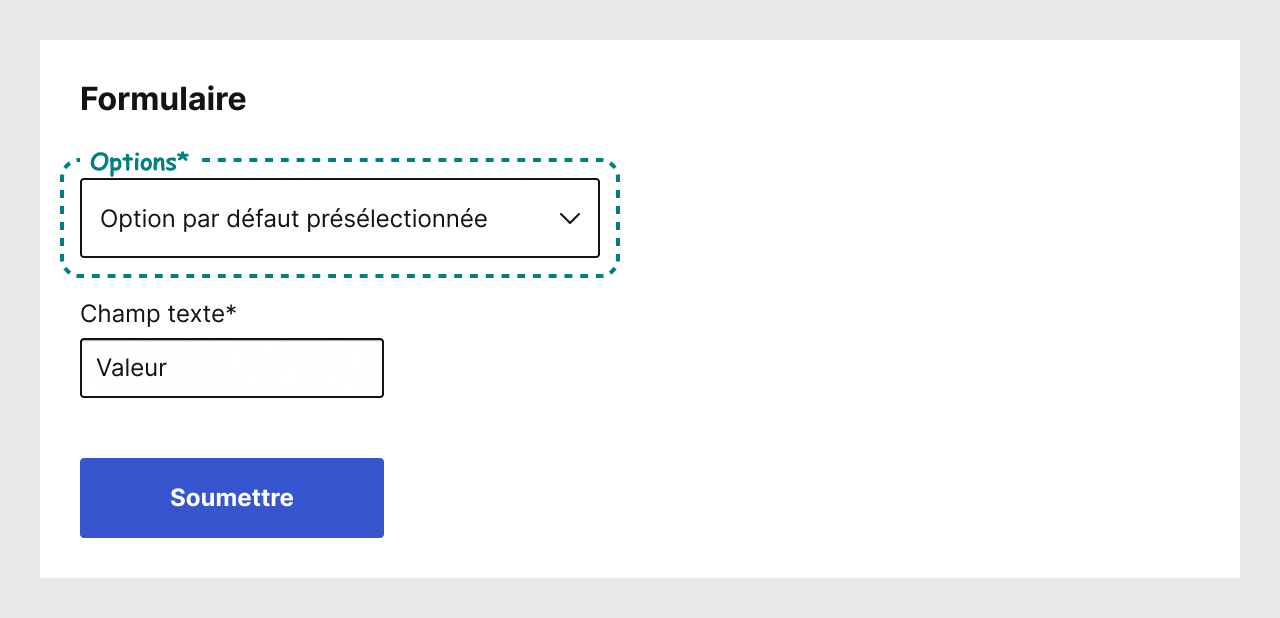 Un formulaire avec un menu déroulant annoté pour indiquer le libellé, un champ de texte et un bouton pour soumettre le formulaire